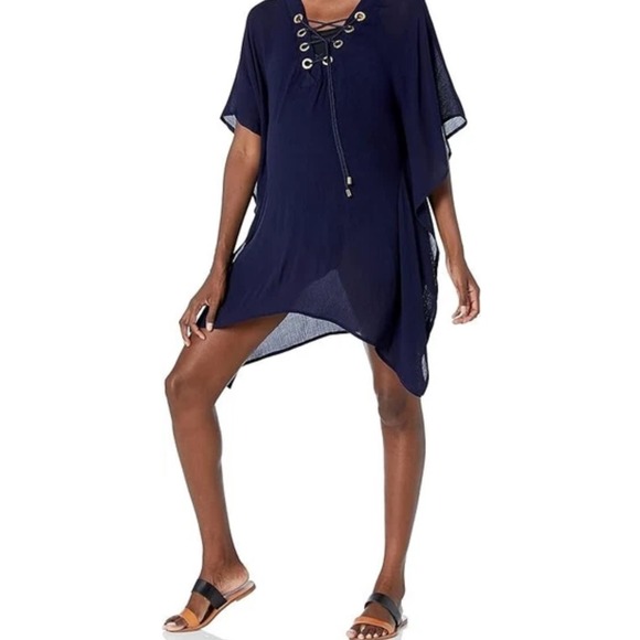 LaBlanca Swim Cover Up Caftan Size Large Navy Gold Grommet Lace Up Flowy - Picture 1 of 10